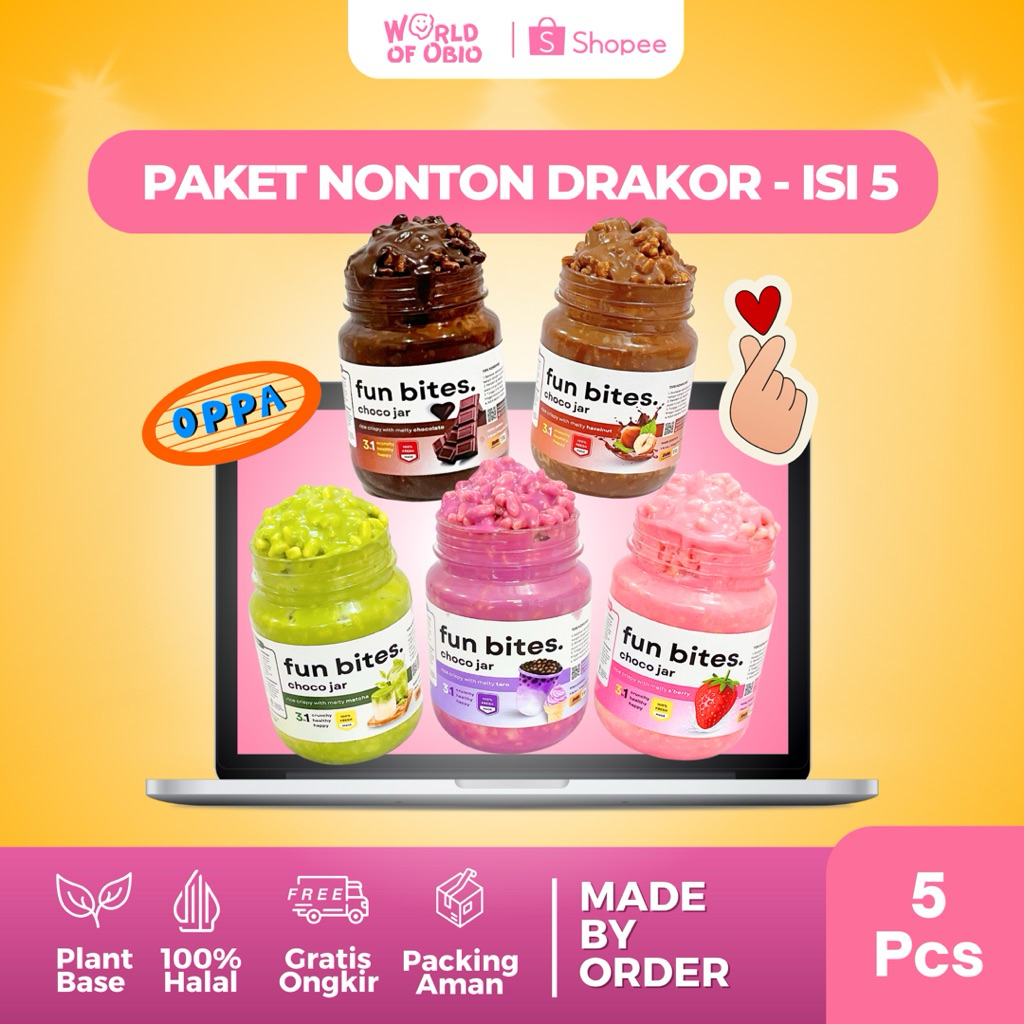 

SNACK COKLAT OBIO Fun Bites PAKET DRAKOR (ISI 5) RICE CRISPY - Choco Jar Cemilan Chocolate Topping Cokelat Leleh