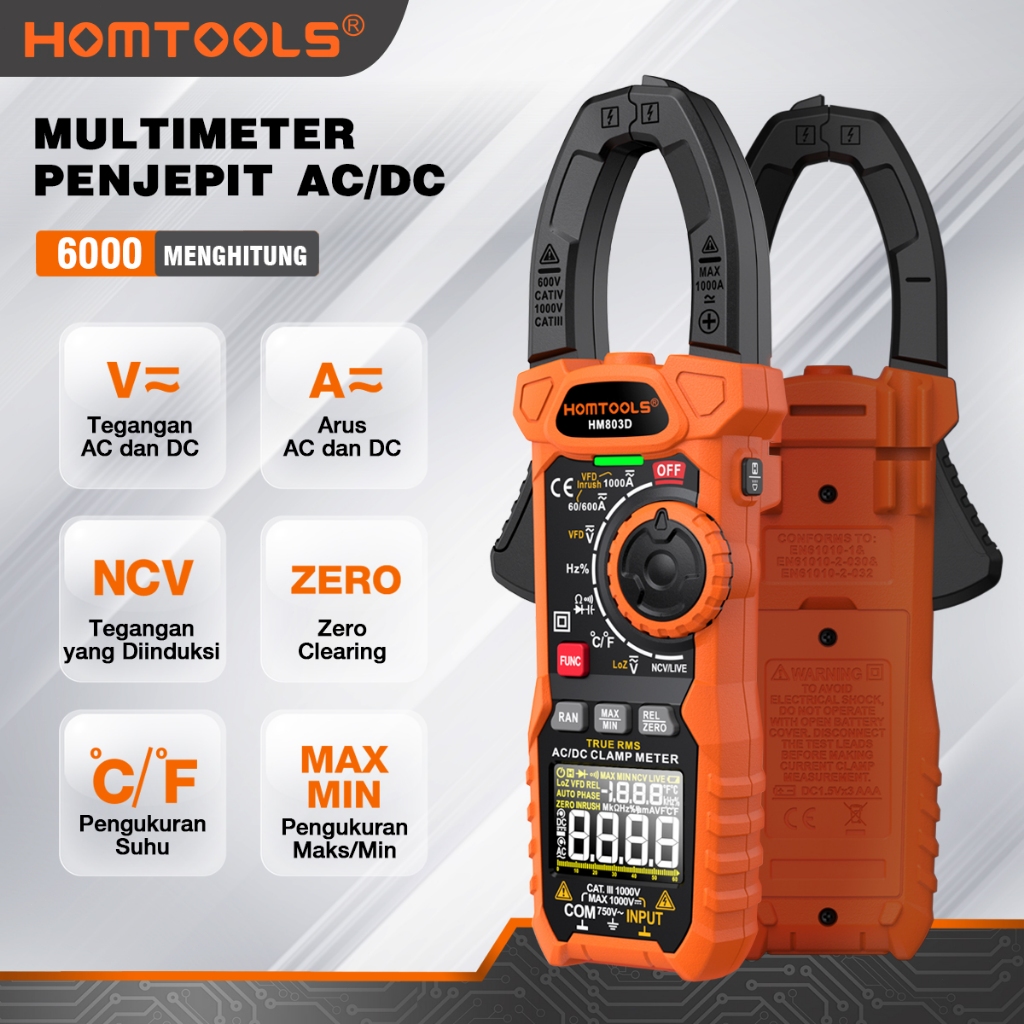 【Hadiah Gratis】HOMTOOLS HM803/803A/D 1000V/1000A true RMS digital clamp multimeter AC/DC dual-use+NC