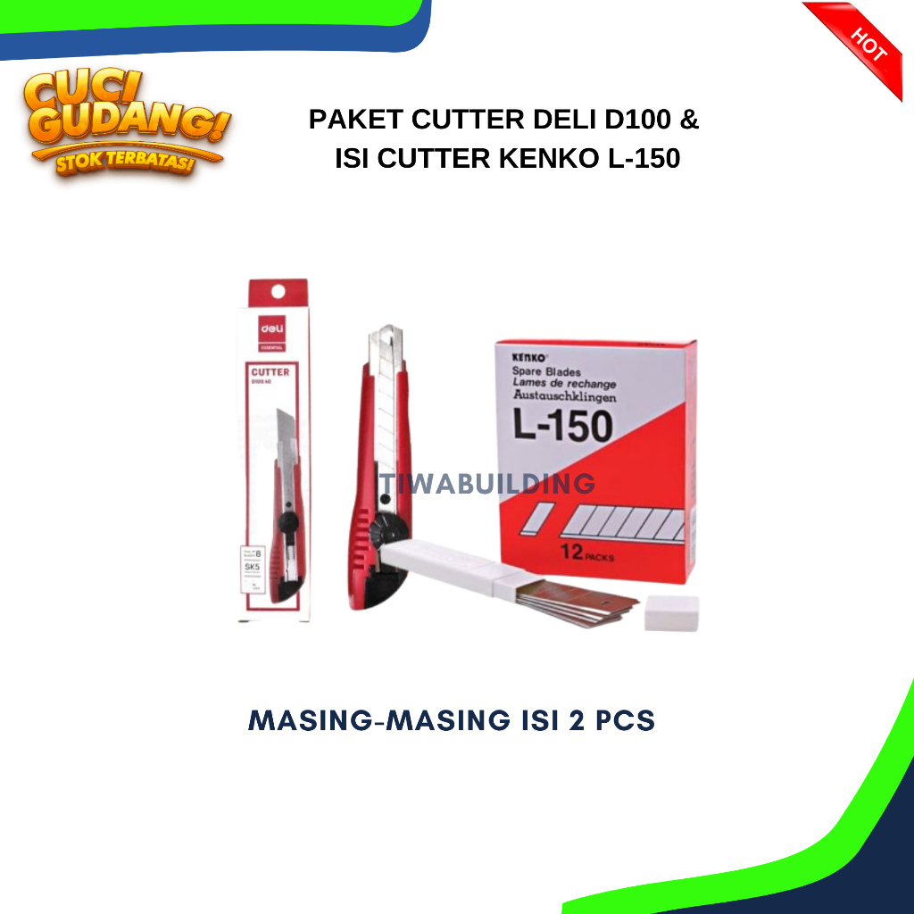 

PAKET CUTTER DELI D100 + ISI PISAU KENKO L-150. MASING-MASING ISI 2 PCS
