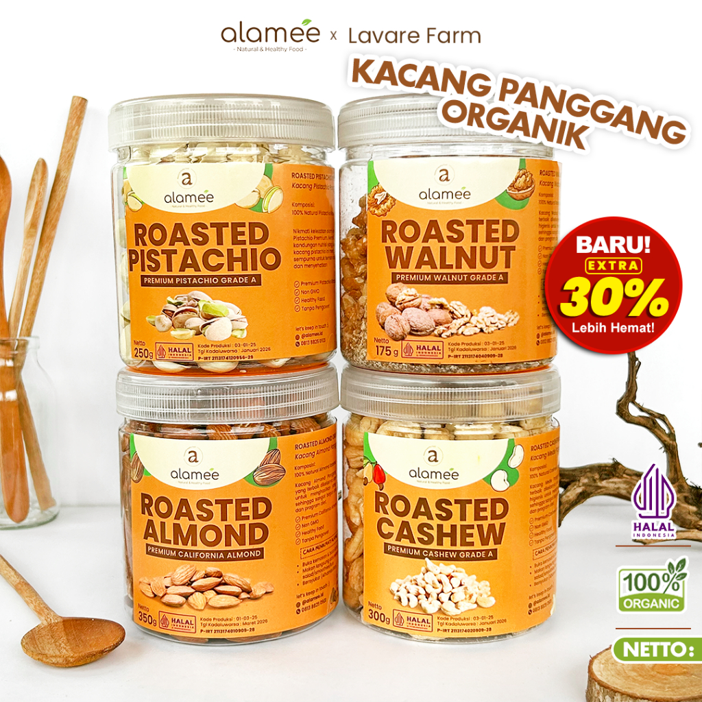

ALAMEE Kacang Almond Almon Mede Walnut Pistachio Kupas Panggang Roast Roasted TOPLES Besar buma