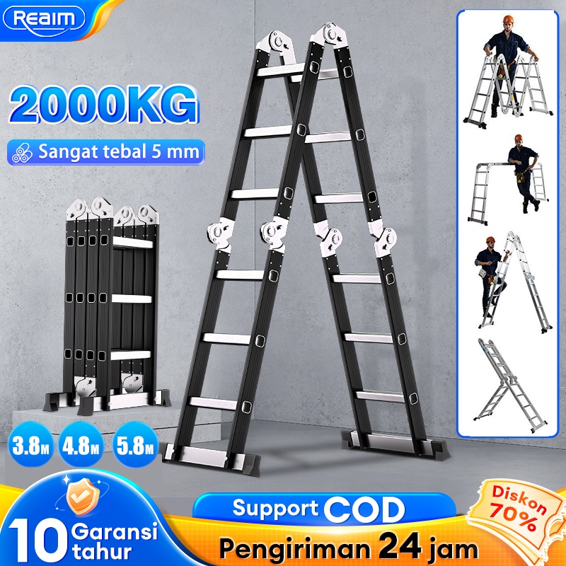 Reaim Tangga Rumah Lipat Paduan Aluminium Teleskopik Tangga Lipat 3.8M 4.8M 5.8M TanggaTeleskopik