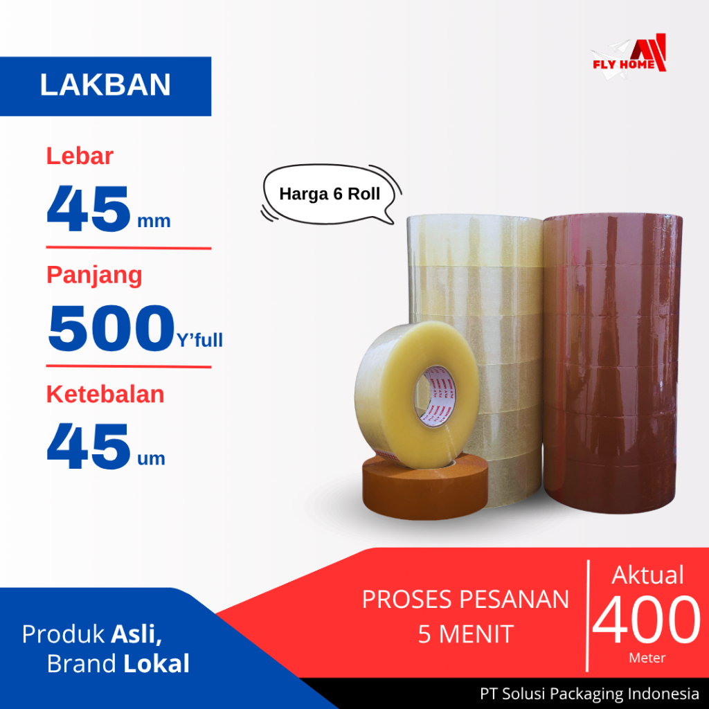 

FLYHOME Lakban bening coklat 45x500yard 6roll 2inchi ukuran FULL