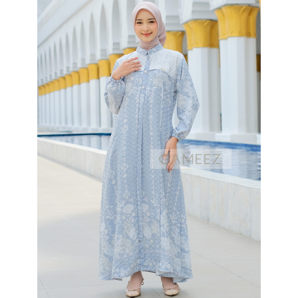 Gameez - Dress Gamis Premium Baju Lebaran 2025 Model Baru Elegan Warna Mauve Baby Blue Motif Bunga A