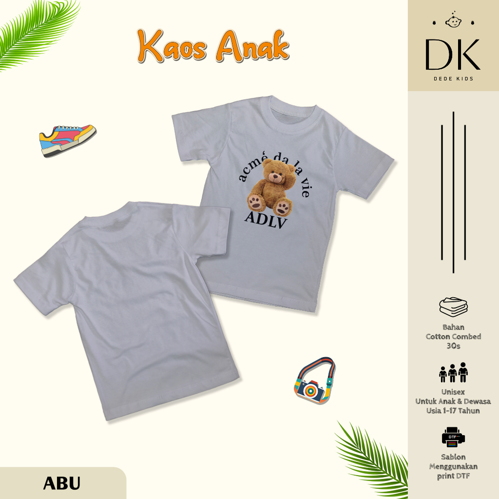 Kaos Anak & Remaja Laki-Laki 1-17 Tahun ADLV BEAR Cotton Combad 30s Baju Kaos Anak Cowok ADLV