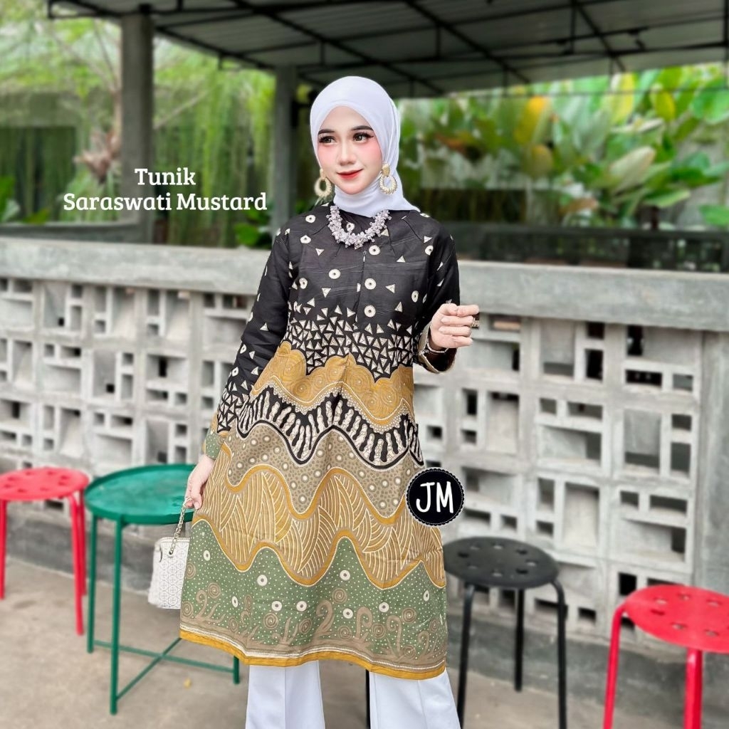 Baju Batik Tunik Saraswati Mustard // Batik Wanita dengan Resleting Depan