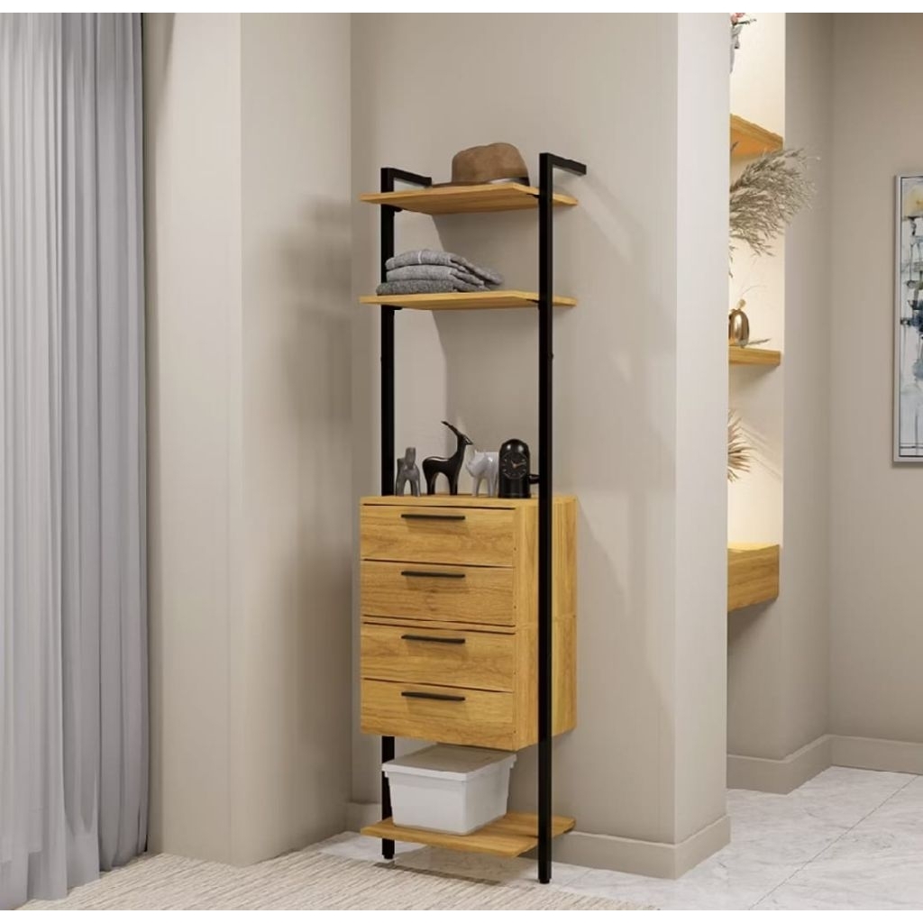drawer/ lemari pakaian minimalis gantung/ laci kayu jati kombinasi besi