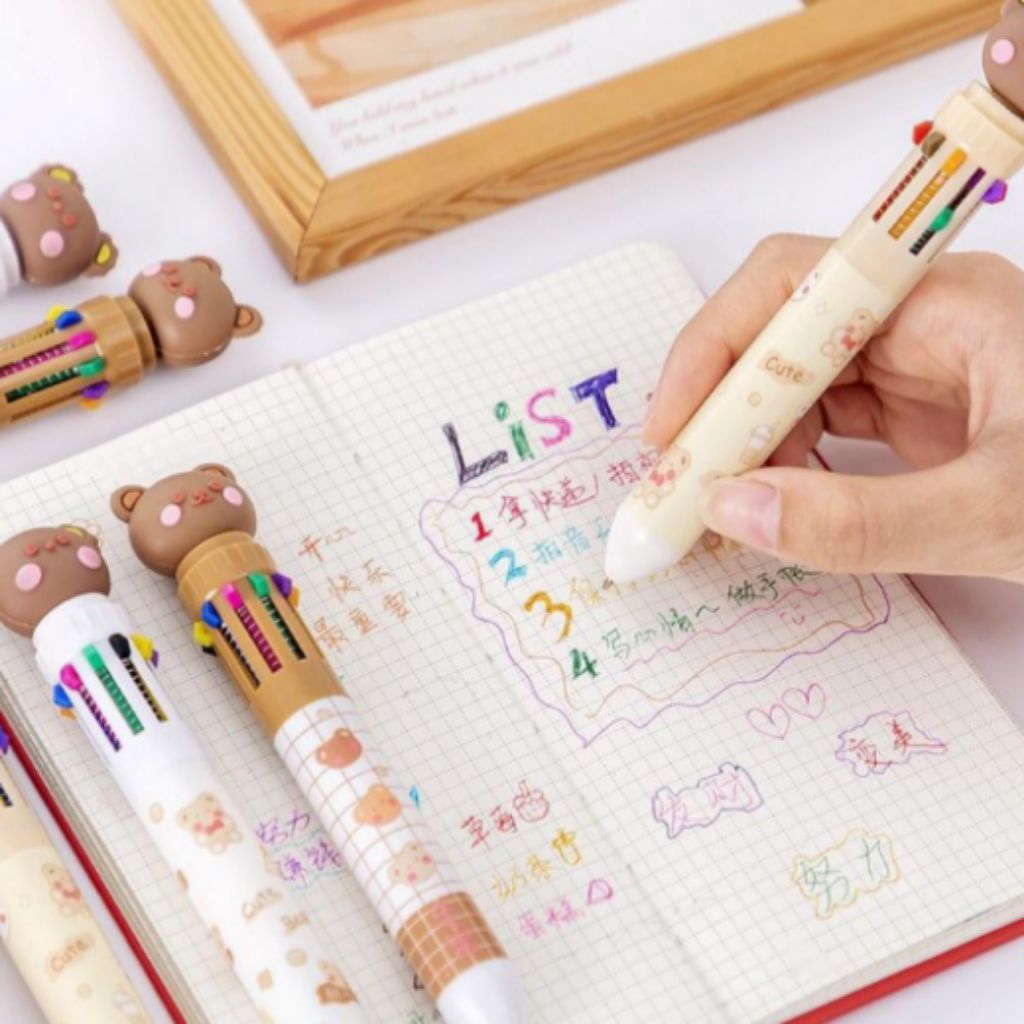 

10 Warna Silikon Kartun Pensil Bolpoin Teddy Bear Pulpen Pena Warna Super Lucu Motif Beruang