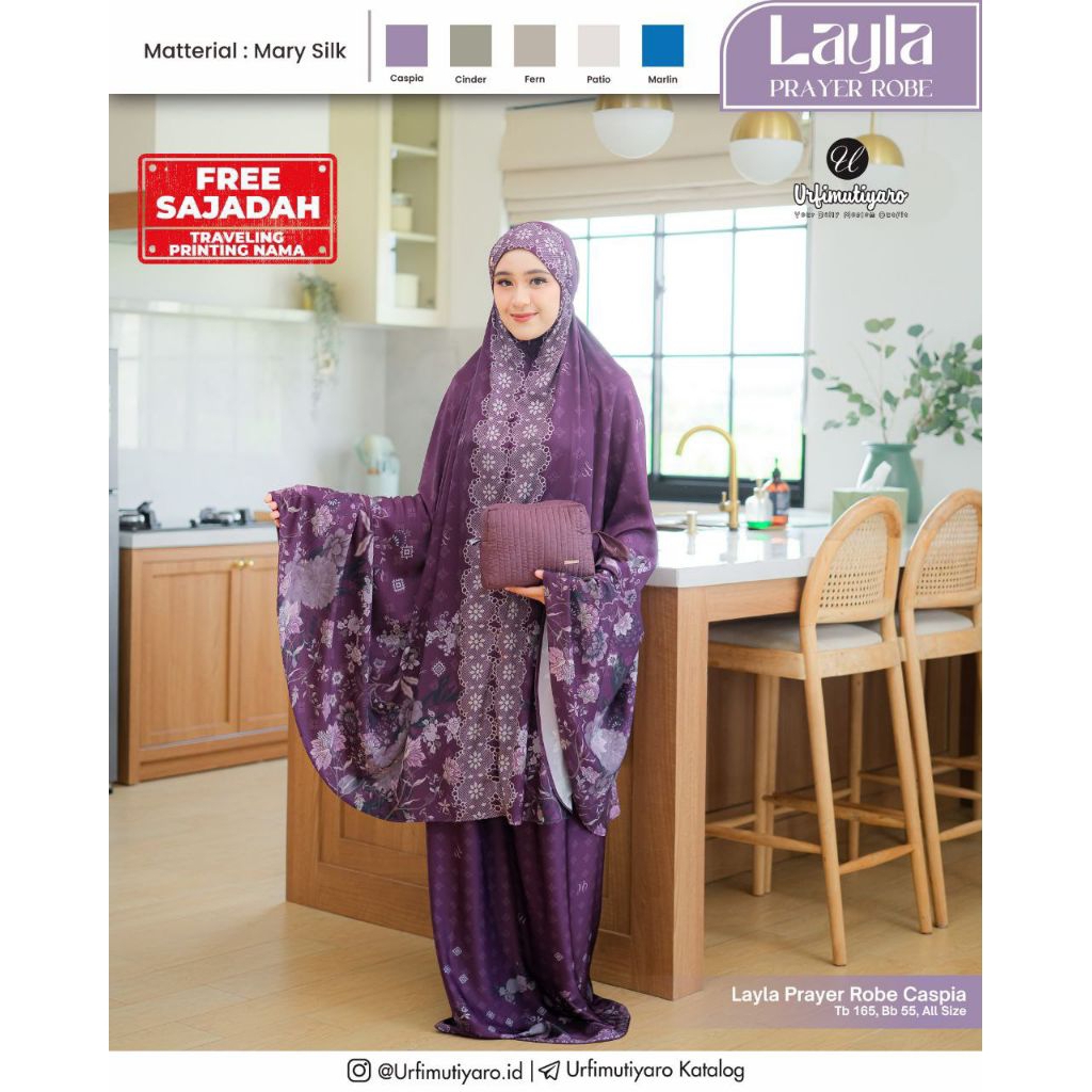 CMSSTORE | Layla Prayer Robe by Urfimutiyaro Mukena Silk Premium Free Sajadah Printing