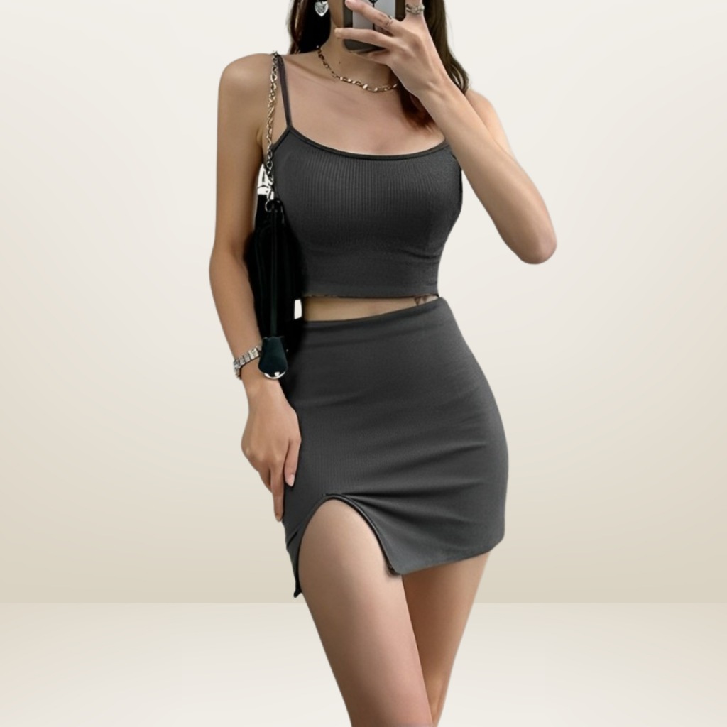 Setelan Tanktop Rok Mini Paha Belah One Set Wanita Mini Span Bodycone Korean Fashion