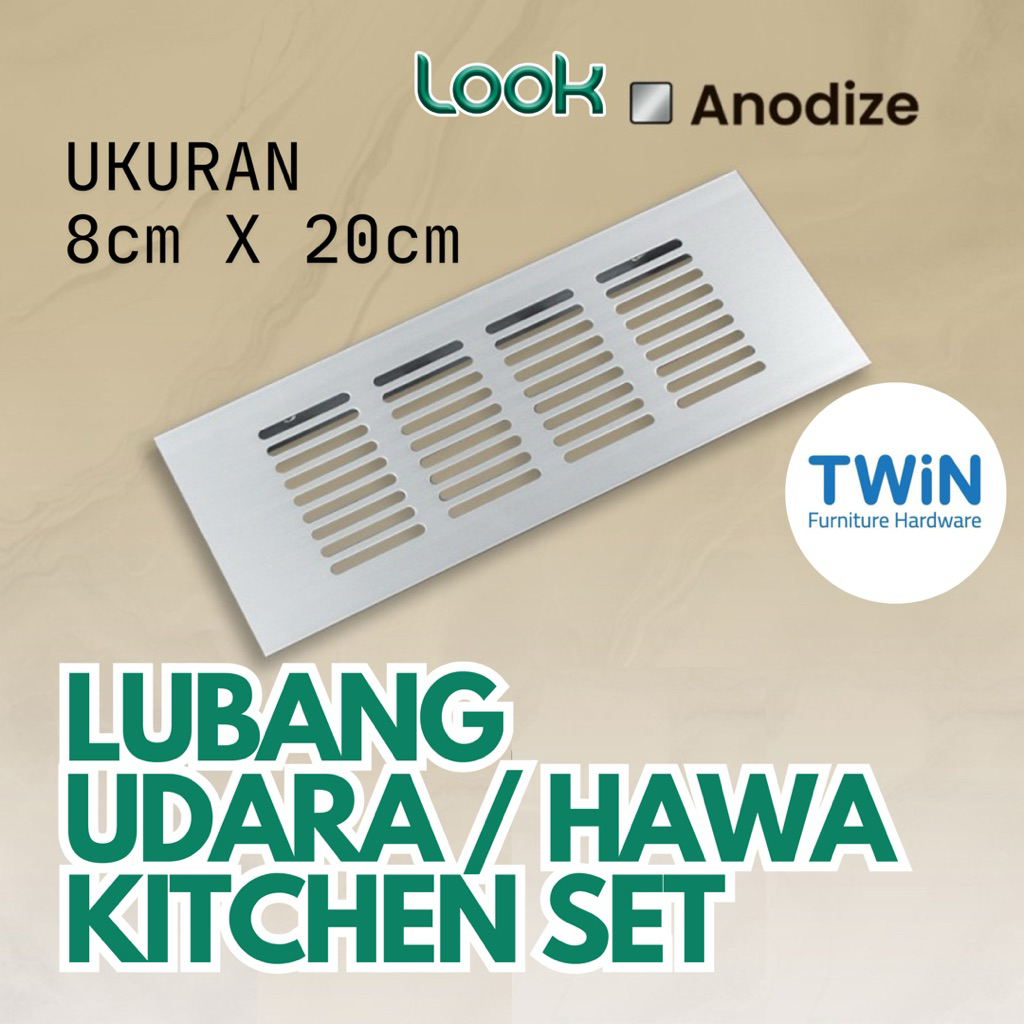 Saringan lubang udara Twin 8x20cm anodize | Lubang hawa kitchenset | Ventilasi kolong dapur Alumuniu