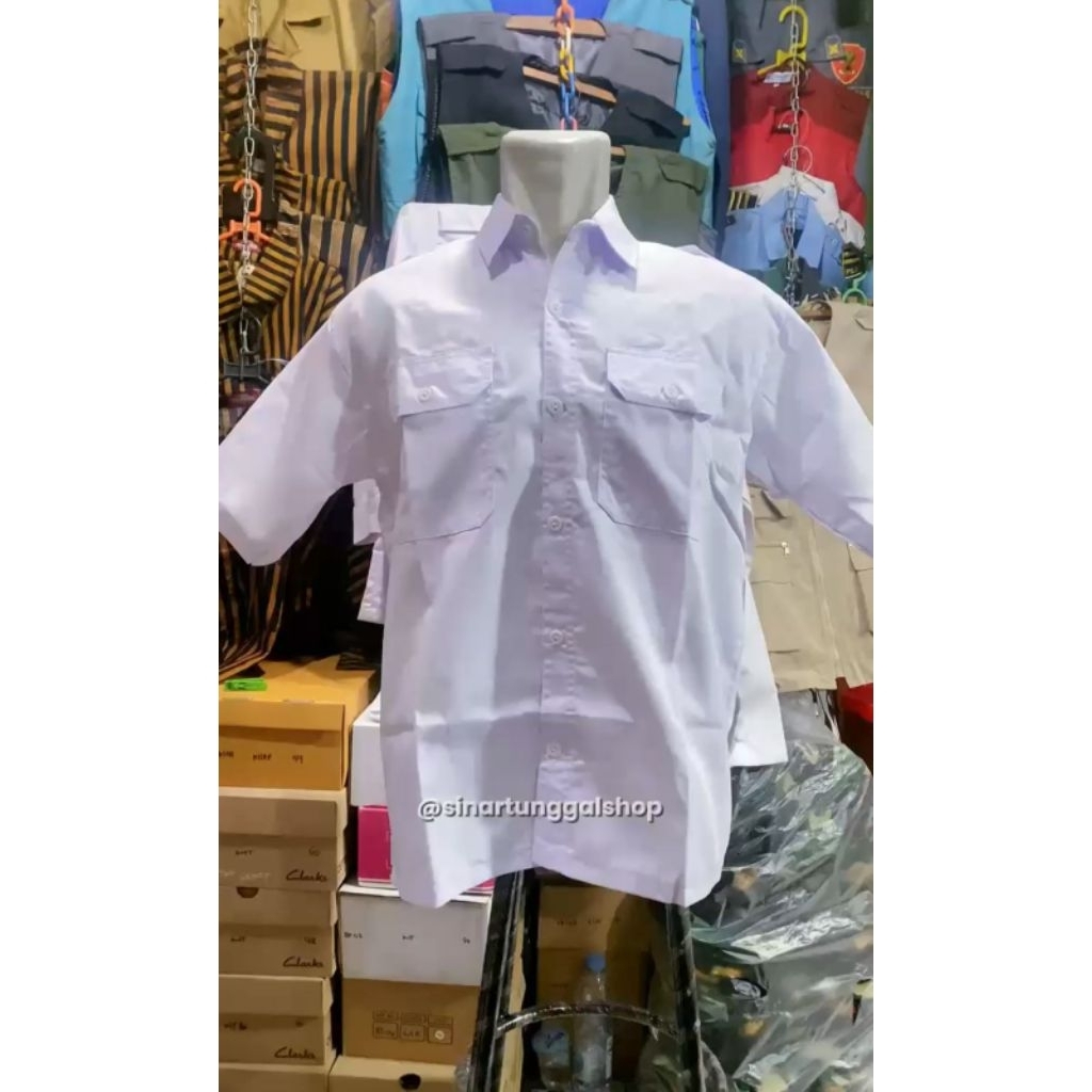 Sinartunggalshop - Kemeja PDH PNS Putih Hitam Pria Lengan Pendek Kerja Kantor Bahan Katun Drill