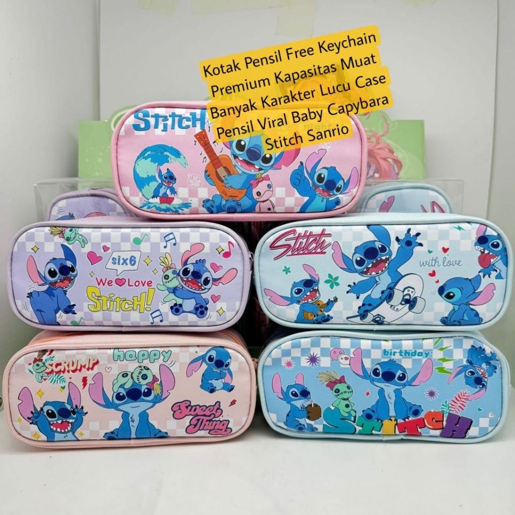 

Tempat Pensil Premium Case pencil Muat Banyak + Free Keychain Lucu Viral (Baby Capybara, Stitch, Sanrio)