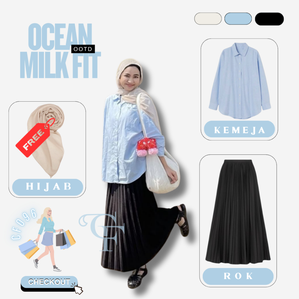 Oneset Anggun Seharian ✿ Gaya Rapi & Cerah (Kemeja Biru Polos + Rok Plisket + Hijab Bella) | CF096