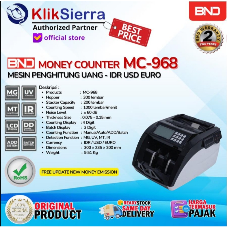 Mesin Penghitung Uang BND MC968 MC978  MG, UV, MT IR Bill Counter & Deteksi Uang IDR USD EURO