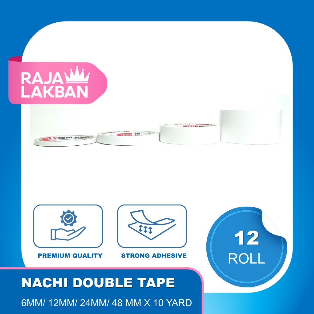 

Double Tape Dua Sisi NACHI 0.25 Inch 6mm, 0.5 Inch 12mm, 1 inch 24mm- 10 Yard - LUSIN