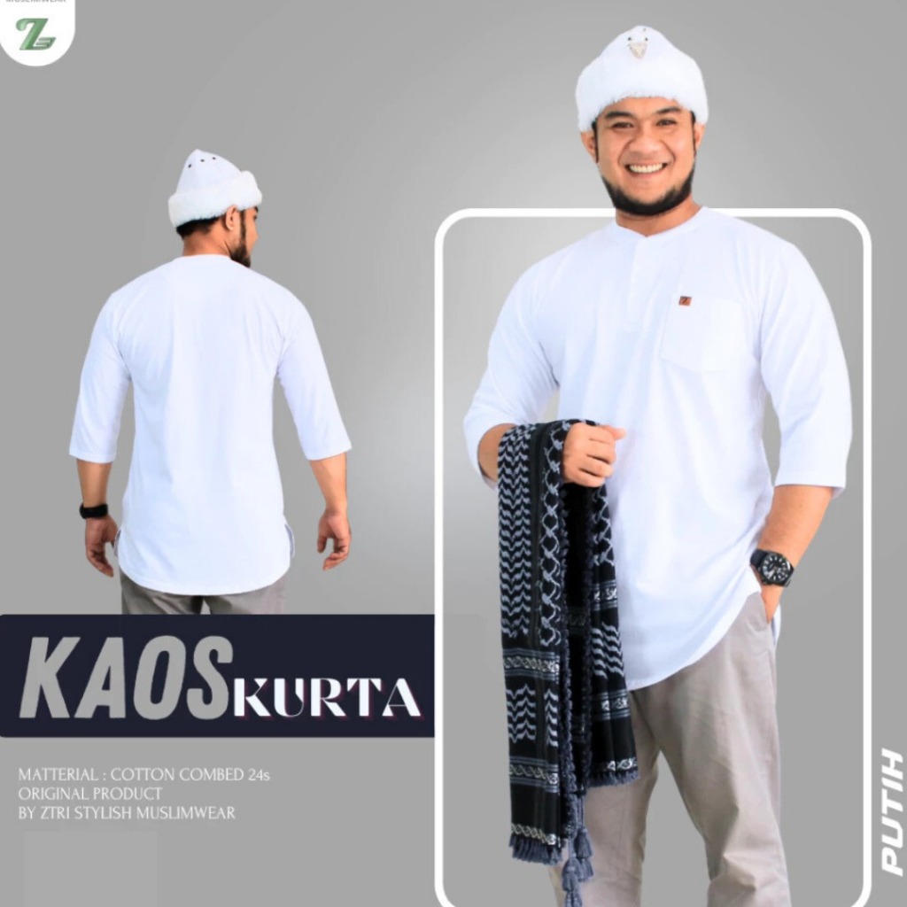 Koko Kaos Pria Lengan 3/4 Bahan Katun Lembut Adem Warna Putih Size M L XL XXL - Fashion Muslim Pria
