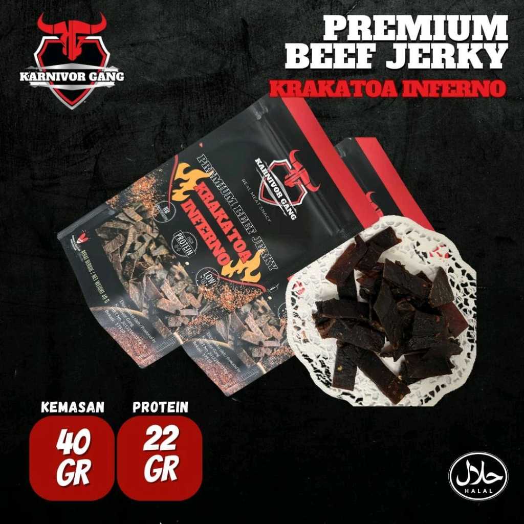 

Karnivor Gang Beef Jerky Pedas Rasa Krakatoa Inferno - Snack Dendeng Sapi Siap Saji