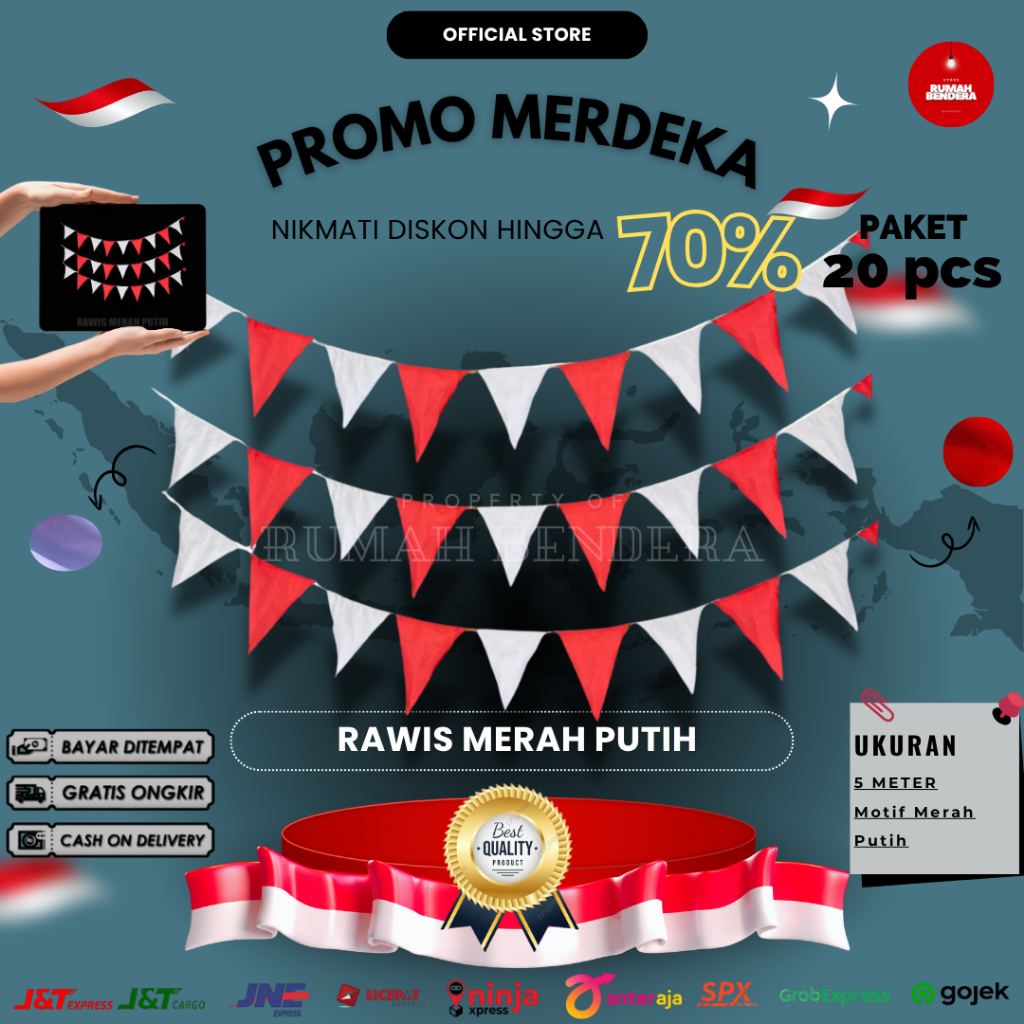PAKET 20 PCS | Bendera Segita 5 Meter | Rawis karnaval | Warna Merah Putih