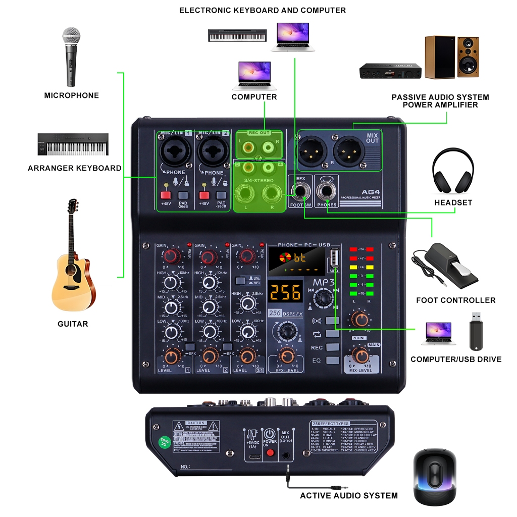 Ag4 Mixer Audio 4 Channel Mikser Mini Power 5V 256Dsp Efx Foot Sw Murah Professional Music Mixer