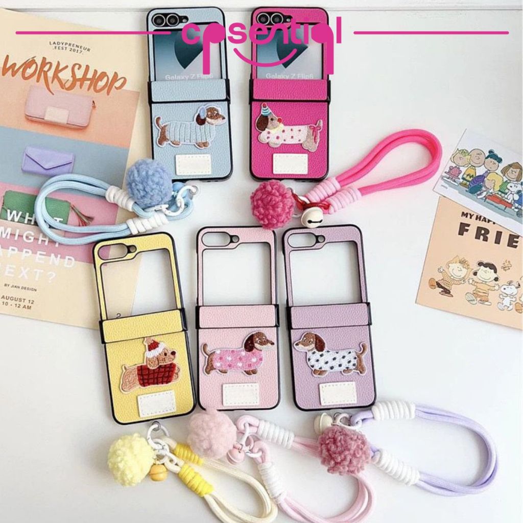 [READY STOCK] Case Samsung Z Flip Cute Cartoon Dog With Strap Holder Pom Pom | For Samsung Z Flip 6 