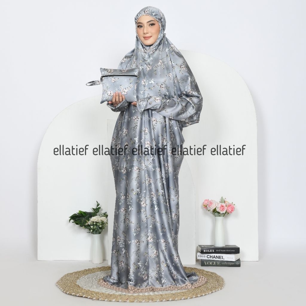 ELLATIEF - Mukena Terusan Dewasa Bahan Sutra Silk Armani Premium Mukena Terusan Adem Halus Lembut