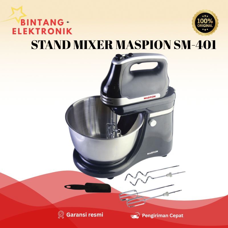 STAND MIXER MASPION SM-401 - 4.2L, 5 Kecepatan + Turbo, Mangkuk Stainless Steel