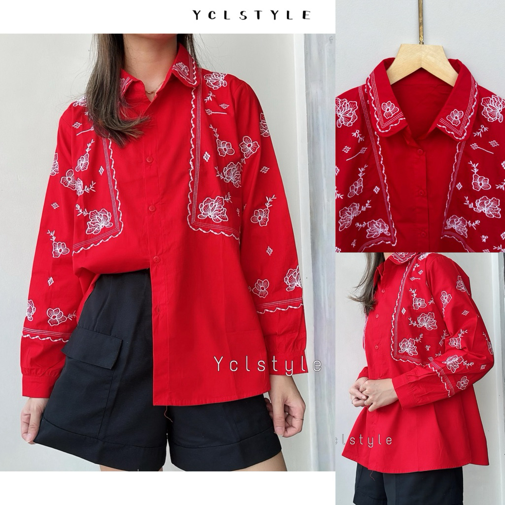 [ycl] Kemeja bordir bunga vintage khusus merah putih | Atasan katun bordir vintage motif bunga full 