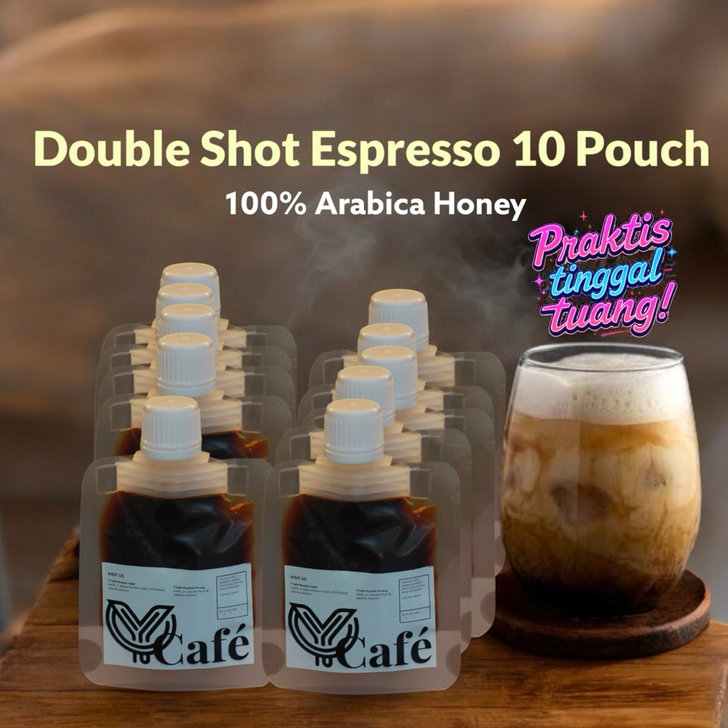 

Paket 10 Double Shot Espresso Pouch Gula Aren ( 100% Arabica ) | Kopi Instan Gula Aren 50 Ml | Praktis Tinggal Tuang By Y Cafe