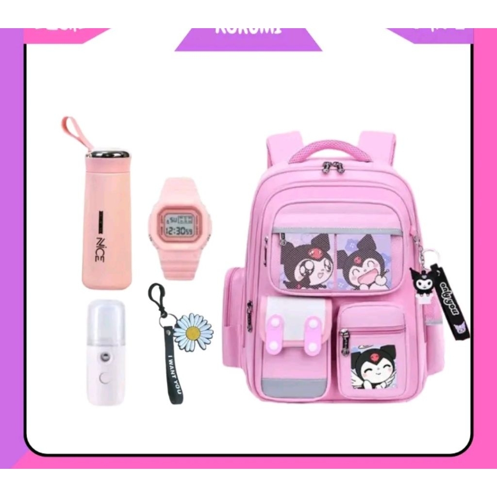 Tas Ransel KUROMI KIDS Bags Tas Sekolah Anak Free BOTOL Jam Tangan NANO SPRAY Dan Gantungan Lucu BIS