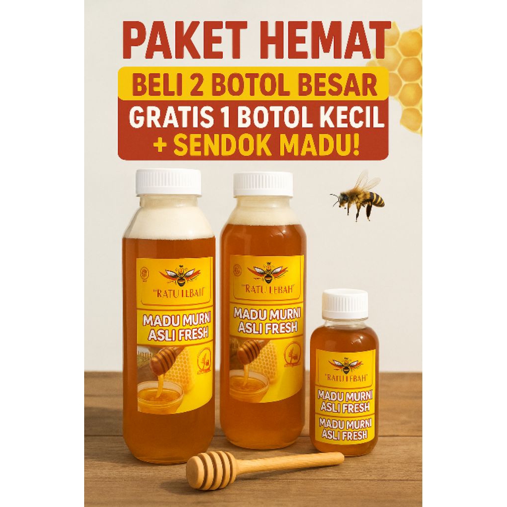

PAKET HEMAT Madu asli 2 botol | Madu Murni 500ml + Bonus 1 botol kecil 150ml & sendok madu | Cocok untuk Batuk,diet,stamina,anak dan dewasa