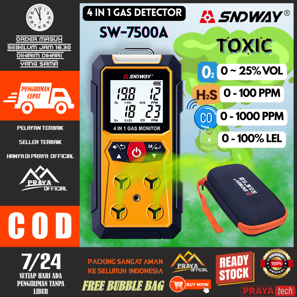 Alat Deteksi Gas Multifungsi SNDWAY SW-7500A Gas Detector 4 In 1 Co H2s O2 Combustible Gas Sensor SW