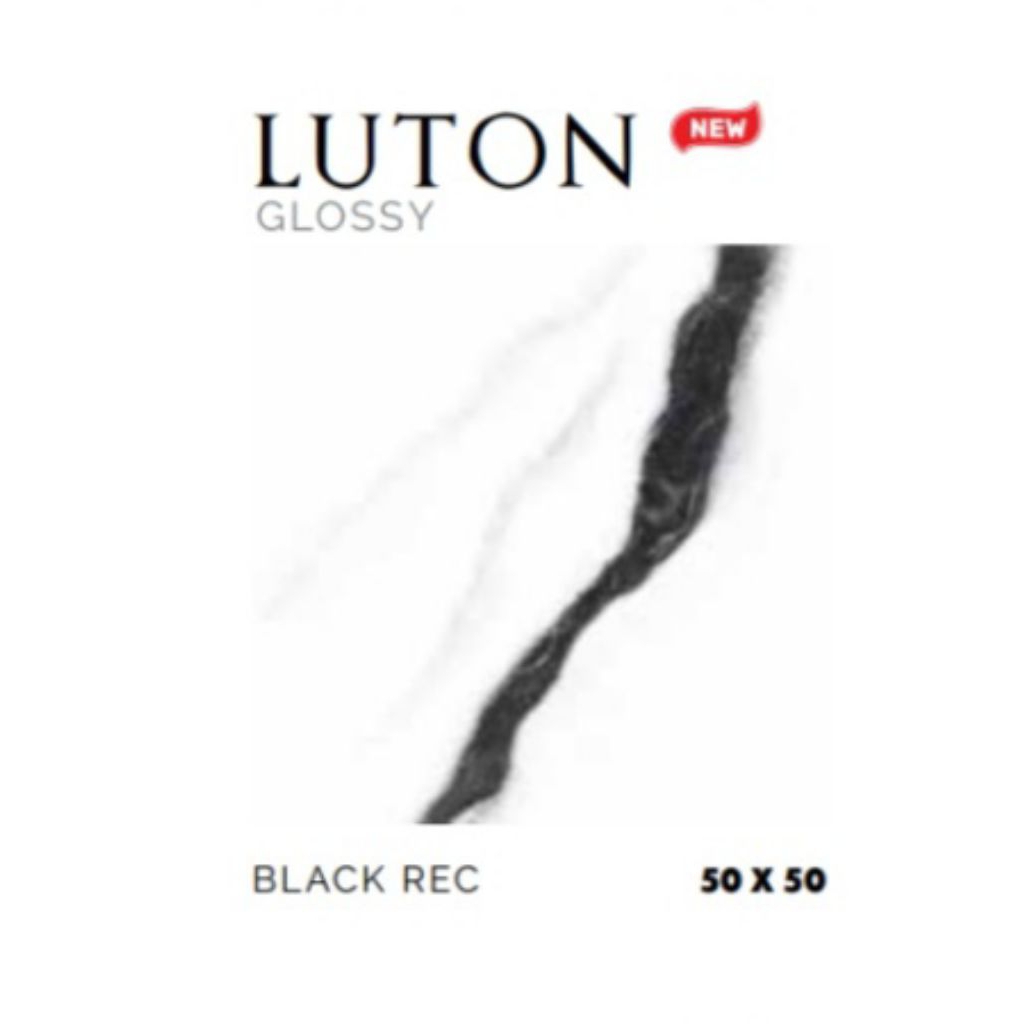 KERAMIK MERK PLATINUM TIPE LUTON BLACK UKURAN 50X50 RECTIFIED CUTTING WARNA LATAR PUTIH CORAK MOTIF 