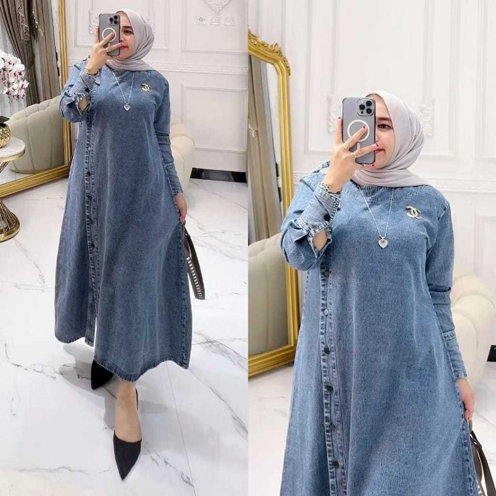 Syafina Midi Dress Gamis Jeans Wanita Terbaru Dress Jumbo Long Tunik Mewah Fashion Muslim