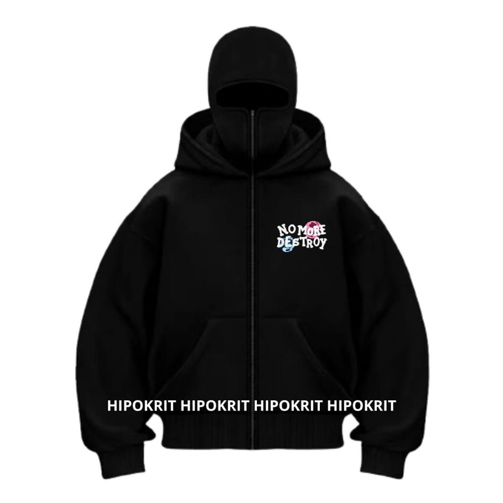 Hipokrit Balaclava Hoodie Zipper Ninja Unisex Cotton Plecce Simple Black NO MORE DESTROYED M-XXL Goo