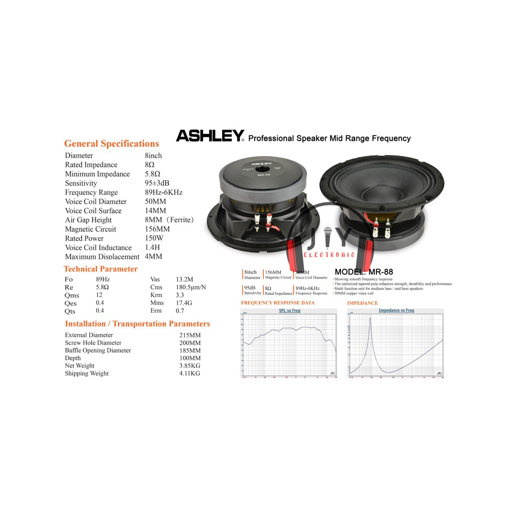 Speaker Ashley 8 inch MR-88 MR 88 MR88 MID RANGE