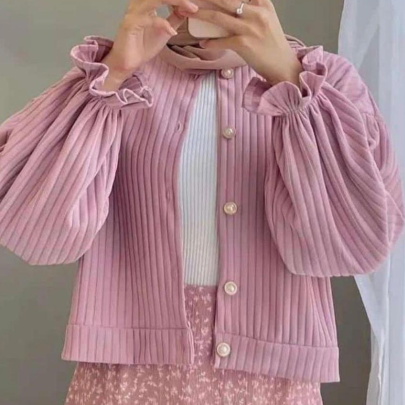 Cardigan Knit Hornet Outer Korean Style Crop Top Lengan Balon Kancing Hidup