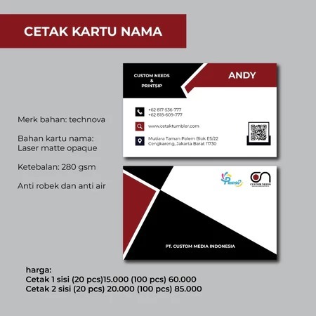 

CETAK KARTU NAMA CUSTOM BAHAN ART CARTON 260 GSM LAMINATING