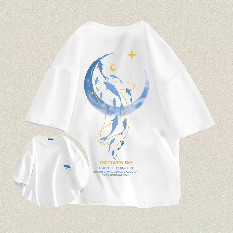 Kaos T-shirt Pria Oversize | Kaos Sablon “Moon Dolphin” | Kaos Pria Distro | Baju Kaos Oversize Pria