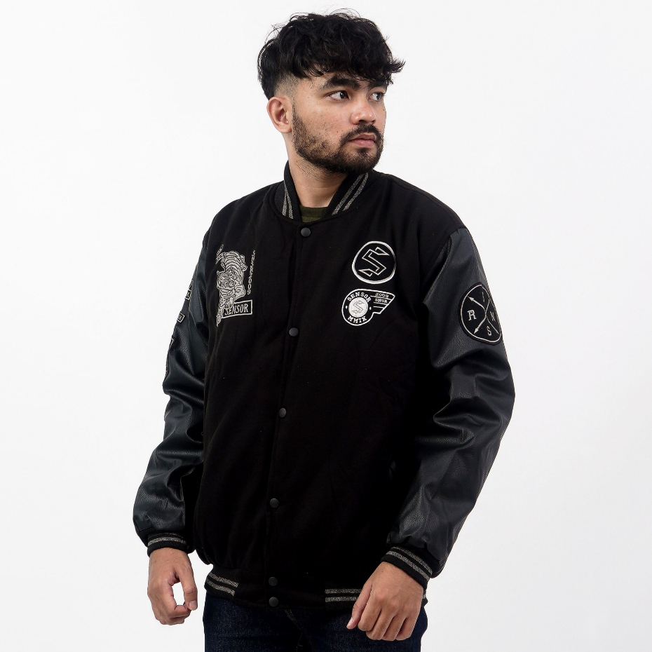 SNSR - Jaket Varsity Pria Lengan Kulit - Jaket Baseball Varsity Pria Hitam Stylish - Jaket Baseball 