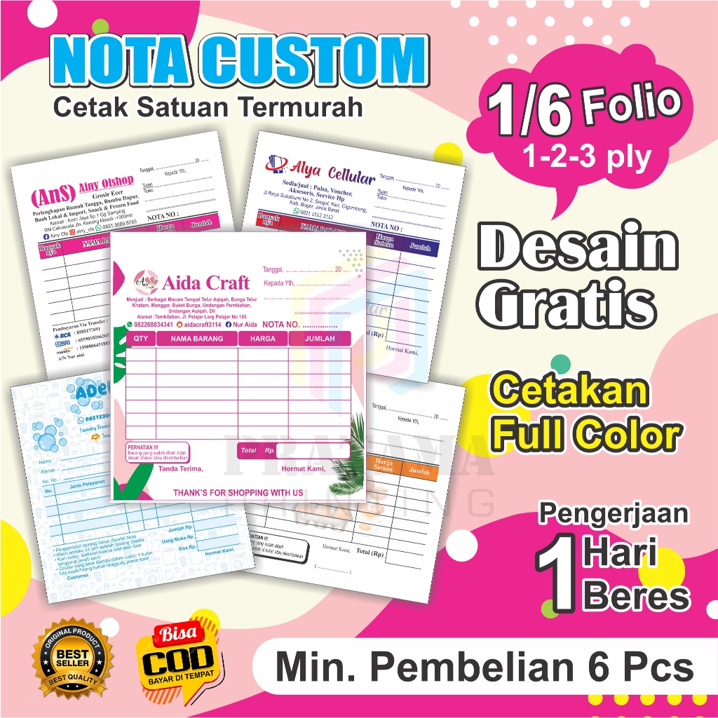 

Cetak nota custom 1/6 full color custom nama desain gratis Logo Bebas Nama Sendiri