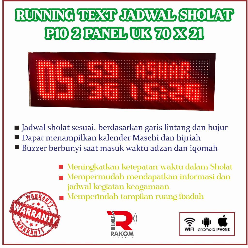Running Text Jadwal Sholat P10 2 Panel UK 70 x 21, Papan Tampilan Jadwal Sholat