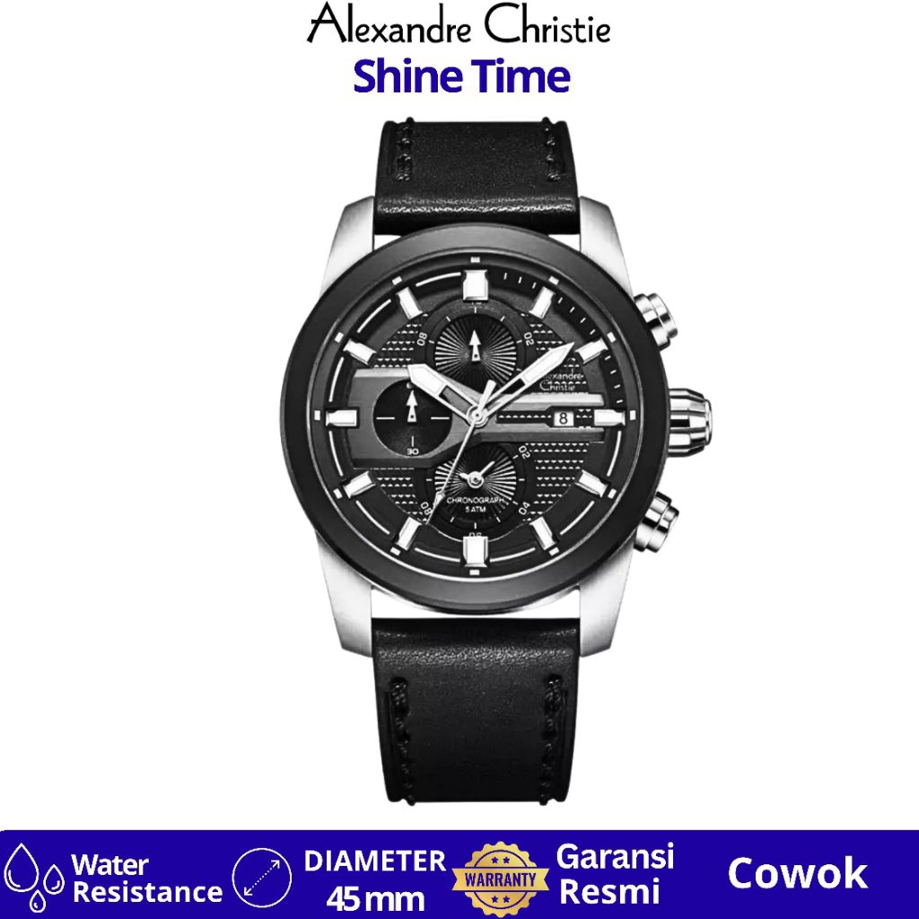 jam tangan Pria Alexandre Christie AC 6562 BLACK MCLSSBA Tali KULIT