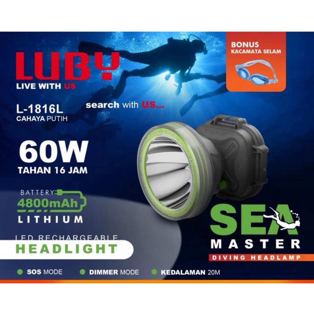 Senter Kepala Selam Tahan Air Headlamp Diving LUBY L-1816L/L-1817L