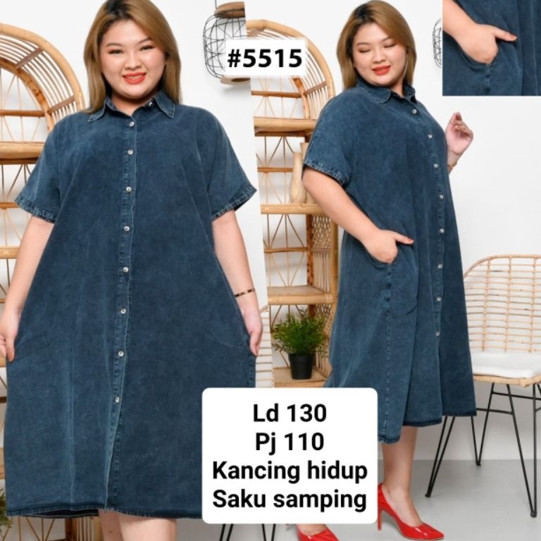 KODE I35G Dress tunik jeans denim midi polos jumbo 7L8L ld1314 pj11 kancing hidup ada saku lengan pe