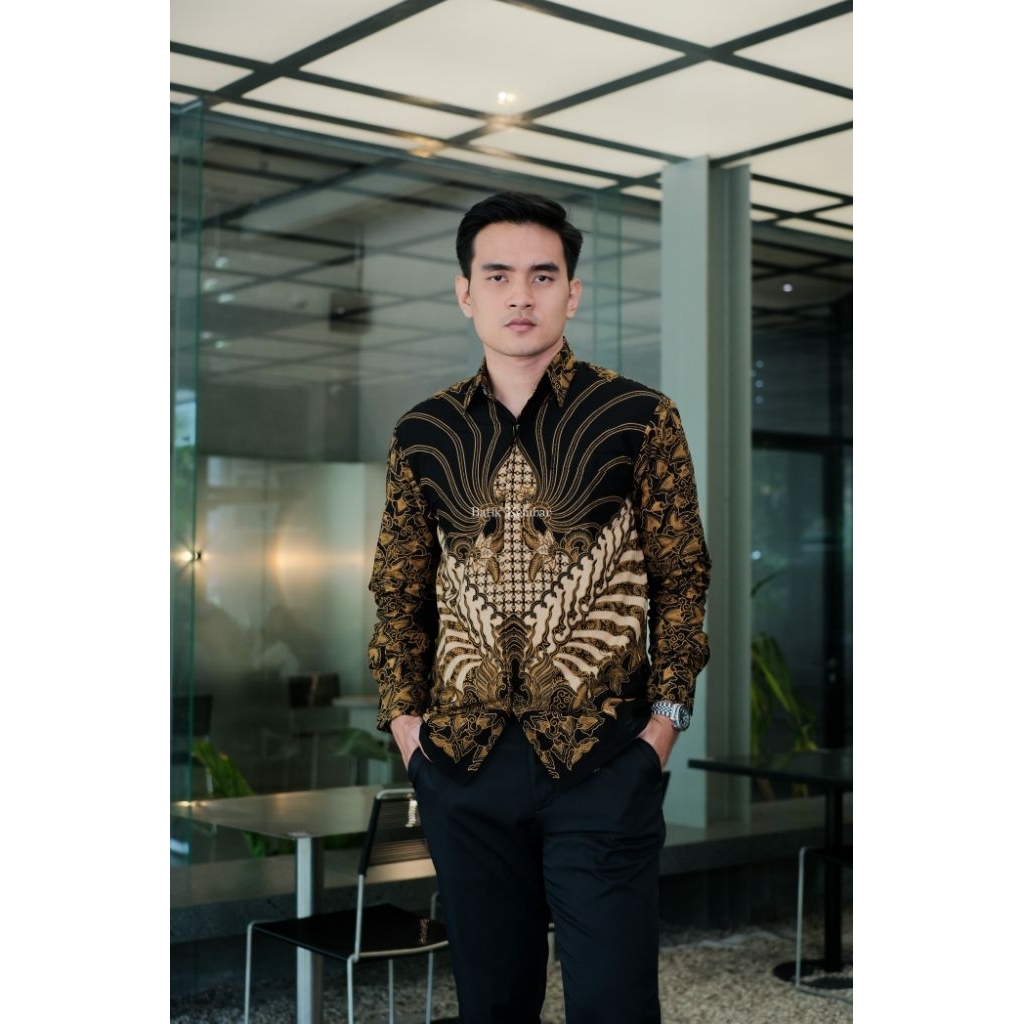 Baju Batik Pria Reguler LENGAN PANJANG Motif SAWUNG HITAM Kain Katun Lapisan Furing Baju Pesta Baju 