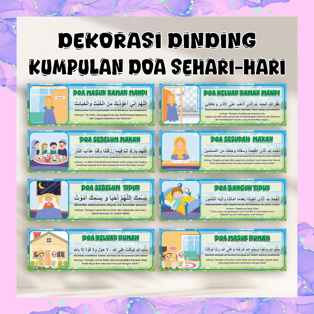 Stiker Dekorasi Dinding Doa Sehari-Hari Anak | Poster Islami 8 Doa Harian | Ukuran 30x10cm