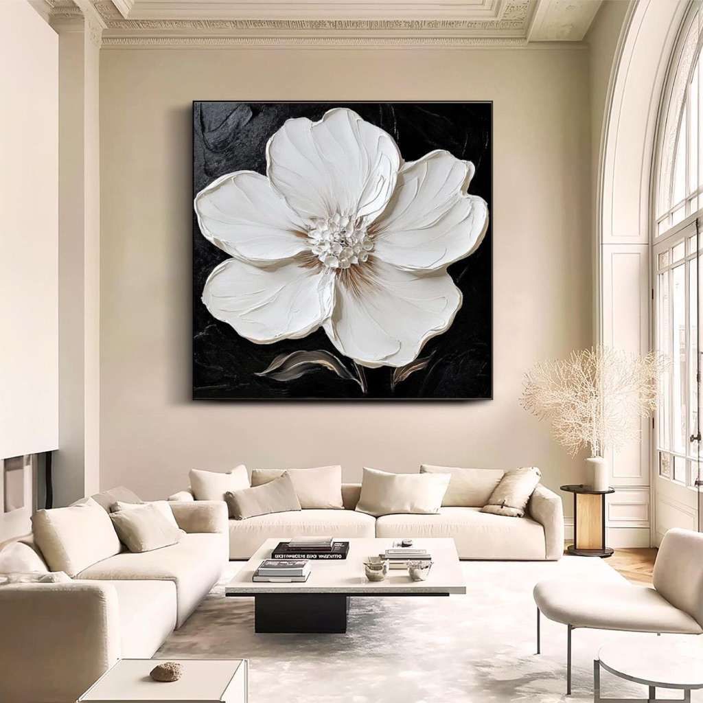 Lukisan bunga putih besar || Lukisan dinding abstrak kanvas modern || tekstur tebal || Lukisan dekor