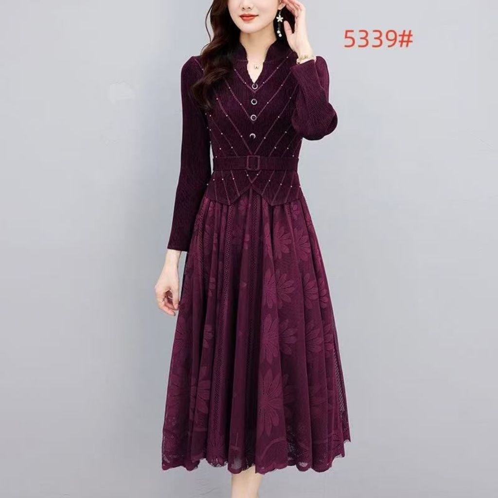 Dress Korea Import premium plisket 7823 (Bunga atas samping)