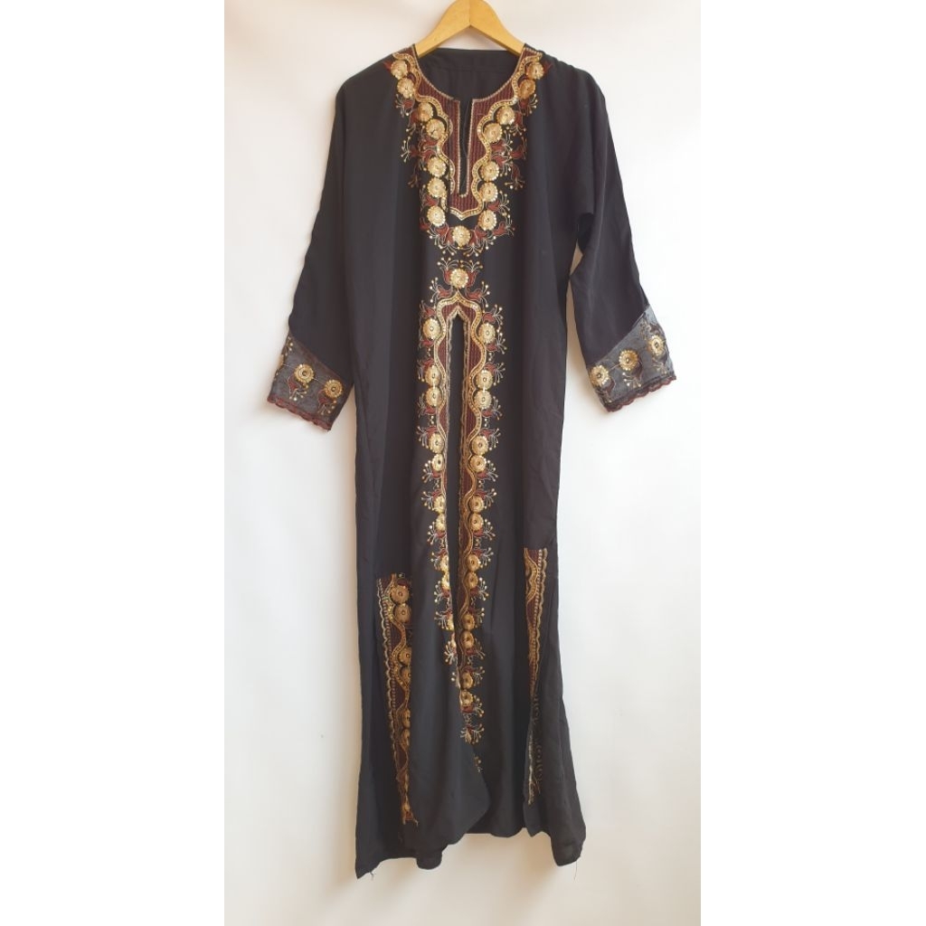 Abaya Asli Araban Arab Saudi Hitam Mewah Payet Aksen Bordir Bunga Gold Gamis Pakaian Muslimah Outer 