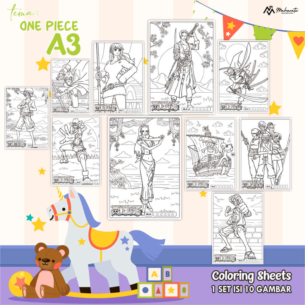 

[ONE PIECE A3] KERTAS MEWARNAI UNTUK ANAK - LEMBAR GAMBAR 1 SET ISI 10 - COLORING SHEETS